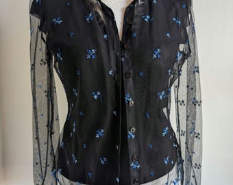 Set vintage Y2K mesh vest en top, zwartblauwe geborduurde doorschijnende blouse Phoebe Buffay met bloemen, grillige stijl