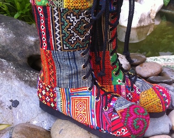 Patchwork Womens Boots Boho Combat In Ethnic Hmong Mid Calf Lace Up  - Britta FREE Shipping