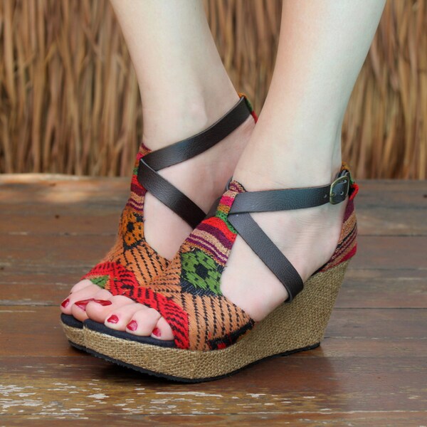 Laos Embroidered Vegan Womens Ethnic Sandals Faux Leather Straps Wedge Heel - Leighanna