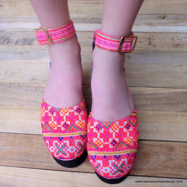 25% Off Clearance Sale- Pink and Orange Hmong Embroidered Platform Vegan Womens Shoe Size 6.5