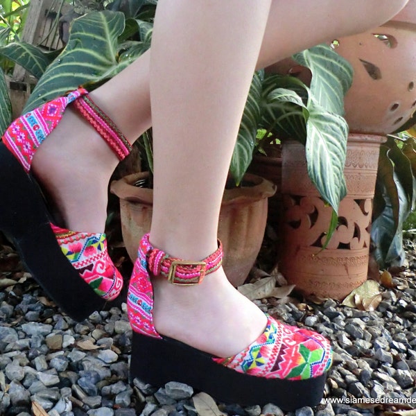 25% Off Clearance Sale- Bright Pink Embroidered Platform Vegan Womens Shoe 7.5 or 9.5