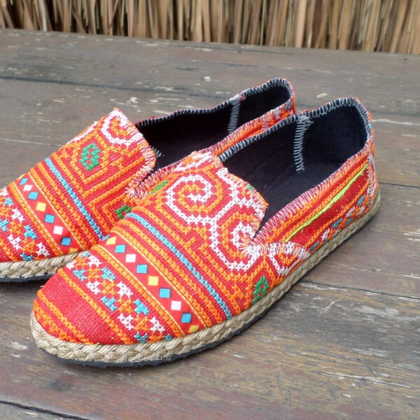 Embroidered Womens Shoes Espadrilles In Orange Hmong Embroidery Slip On Loafers - Morgan