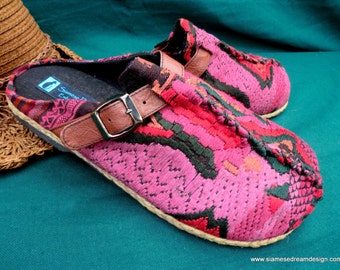 Women's Slides, Clogs in Vintage Laos Embroidery, Size US 6