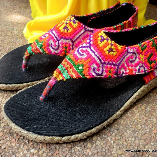 Abbie Vegan Womens Wedge Sandals In Brilliant Colorful Hmong Embroidery 5