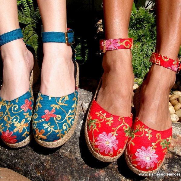 25% Off Clearance Sale- Embroidered Floral Wedge Womens Shoe In Teal Or Red
