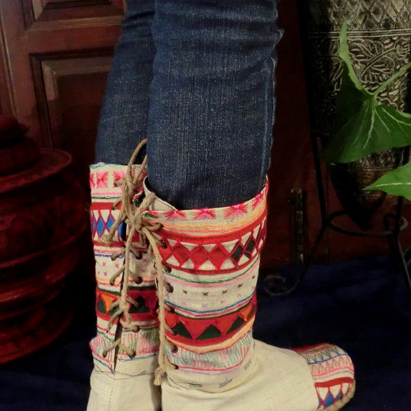 Tribal Embroidered & Appliquéd Natural Woven Cotton Back Lace Vegan Boots, Size 7.5 - 12