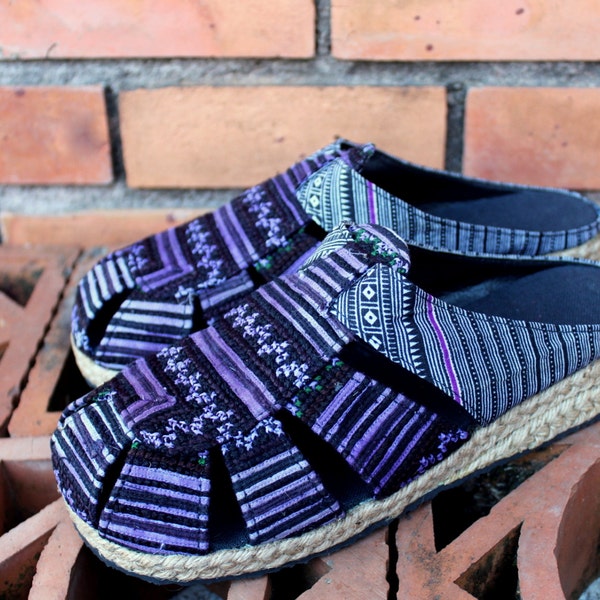 Ladies Shoes In Purple Hmong Embroidery Slip On Womens Slides