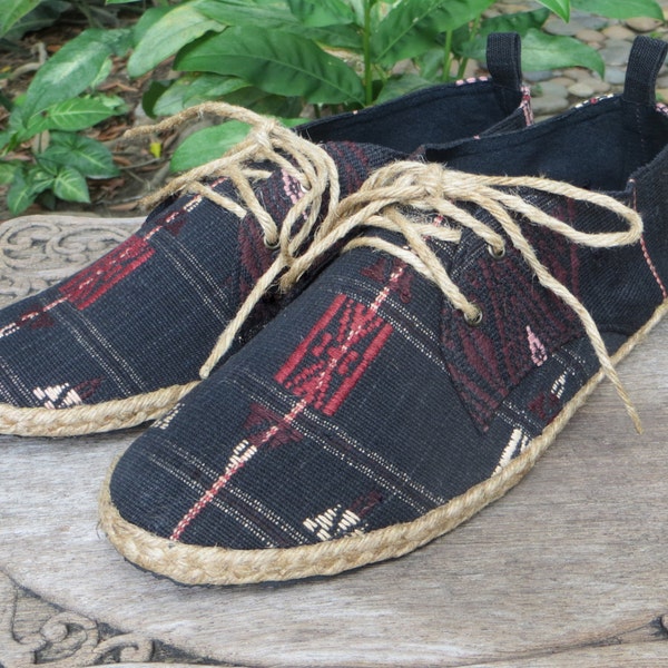 Vegan Mens Shoes, Sneakers, Lace Up Oxford In Black Tribal Naga Textiles- Matt