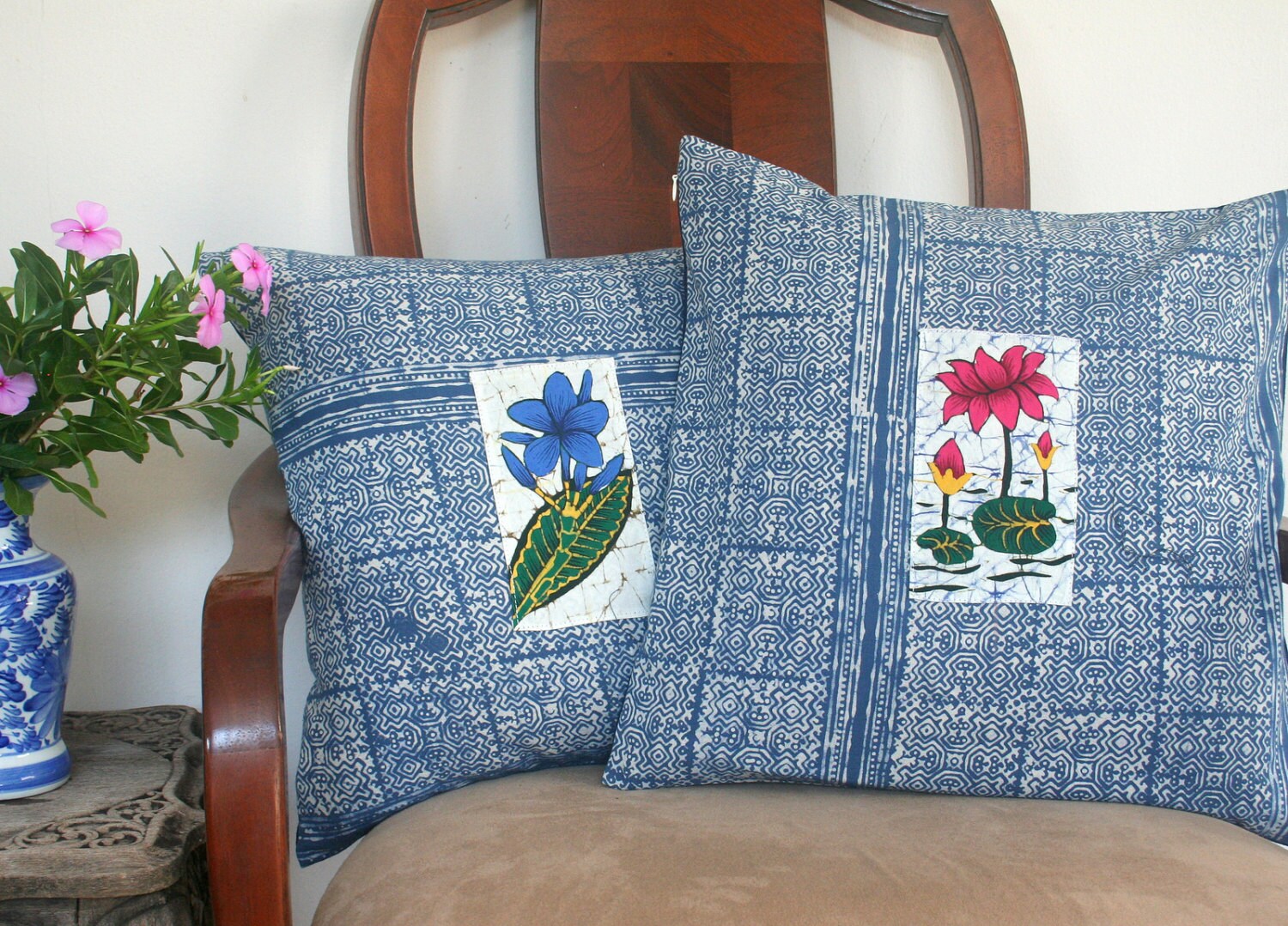 Hmong Indigo Batik Pillow With Sri Lankan Floral Batik Inset Etsy