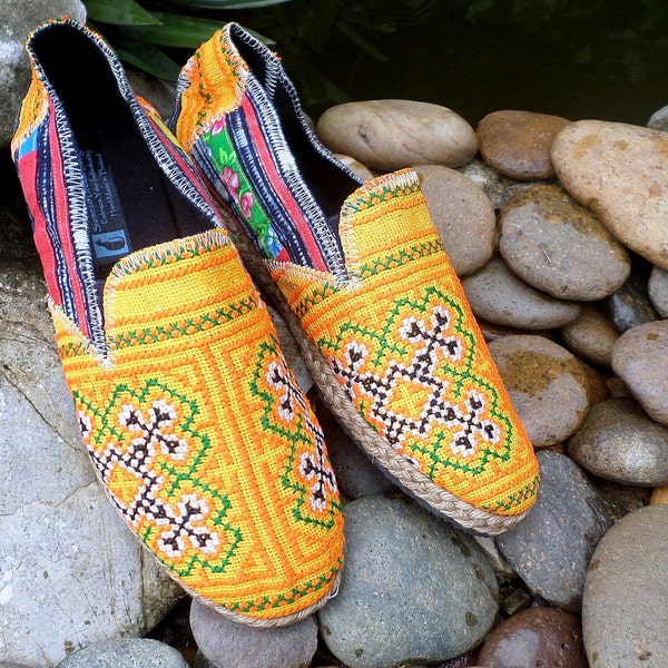Vegan Mens Loafers in Ethnic Hmong Embroidery and Indigo Batik Mens Espadrille - Morgan