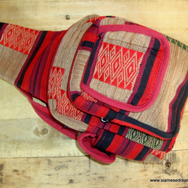 Tribal Backpack One Shoulder Man Bag Earthy Naga Embroidery.Red and Tan