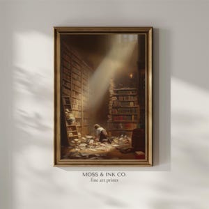Child Reading Library Wall Art, Dark Moody Oil Painting, Dark Academia Printable Wall Art, Vintage Bookish Decor, Instant Download