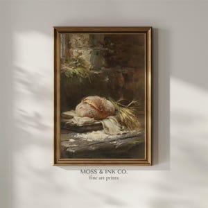 Rustic Bread Wall Art Print, Farmhouse Kitchen Decor, Vintage Oil Painting Print, Cottagecore Art, Instant Download