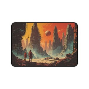 May include: Rectangular mouse mat featuring a science fiction landscape with two figures standing before towering structures under an orange sky. A planet is visible in the distance. The mouse mat has a black border.