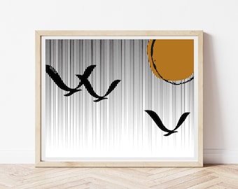 Modern Minimalist Wall Art, Abstract 1970s Wall Print, Retro Vintage Living Room Art, Sun and Bird Wall Art, Airbnb VRBO Rental Art Prints