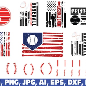 May include: A collection of baseball-themed graphics in red, white, and black. Designs include baseballs, American flags, bats, and the word "BASEBALL" in various styles. The image also includes the text "BASEBALL DAD".
