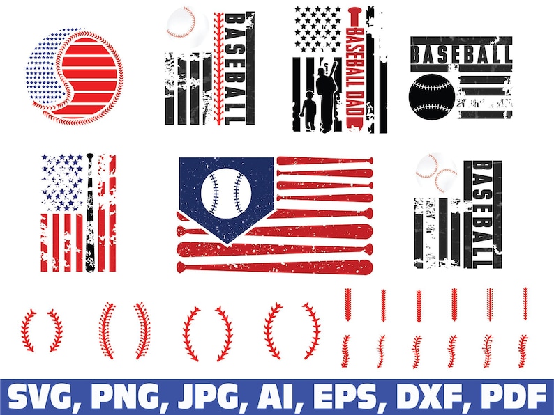 May include: A collection of baseball-themed graphics in red, white, and black. Designs include baseballs, American flags, bats, and the word "BASEBALL" in various styles. The image also includes the text "BASEBALL DAD".