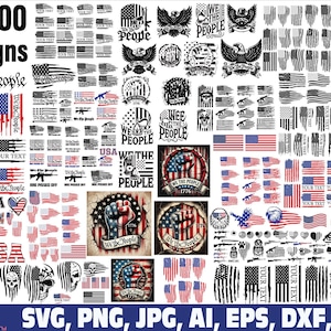 Op de afbeelding: Een verzameling van meer dan 3000 ontwerpen met Amerikaanse vlaggen, adelaars en patriottische tekst. Beschikbaar in SVG, PNG, JPG, AI, EPS, DXF en PDF formaten. Ontwerpen omvatten "We the People" en "USA" thema's.