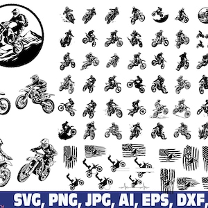 Può includere: Set di arte digitale a tema motocross in bianco e nero. Include varie illustrazioni di piloti su moto da cross in azione, insieme a disegni della bandiera americana. Formati: SVG, PNG, JPG, AI, EPS, DXF, PDF.