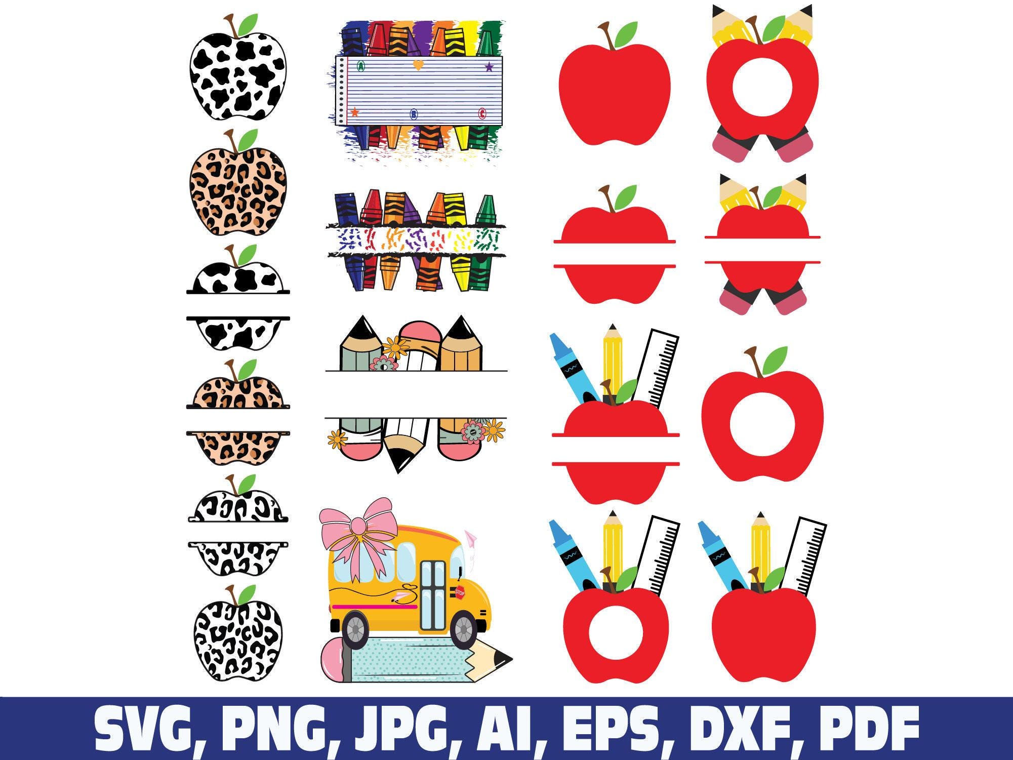 Teacher School Split Monogram PNG SVG, Crayon Apple Teacher Name Design ...