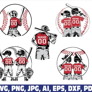 May include: Baseball-themed graphic designs featuring players in red jerseys with the text "NAME 00". The designs include baseballs, bats, helmets, and catcher's masks. The image also includes the text "SVG, PNG, JPG, AI, EPS, DXF, PDF".