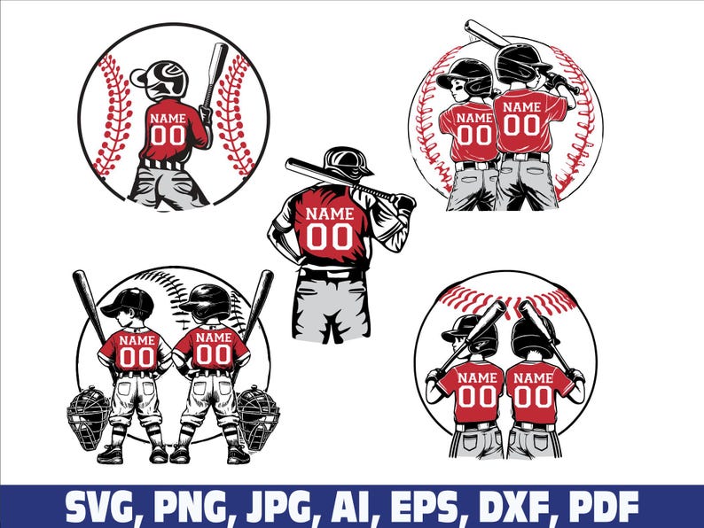 May include: Baseball-themed graphic designs featuring players in red jerseys with the text "NAME 00". The designs include baseballs, bats, helmets, and catcher's masks. The image also includes the text "SVG, PNG, JPG, AI, EPS, DXF, PDF".