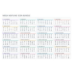 Könnte beinhalten: Ein digitales Grafikblatt mit dem Titel MEGA NEXTLINE ICON BUNDLE, das vierundzwanzig kategorisierte Abschnitte mit dünnen Linien-Symbolen enthält. Jeder Abschnitt zeigt eine nummerierte Überschrift und ein Raster kleiner, schwarzer Symbole.