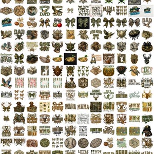 May include: A selection of hunting-themed iron-on patches and decals. Designs include deer, ducks, bows, and text such as "Hunting Season," "Dad," and "Mama." The colour palette features camouflage, brown, and green.