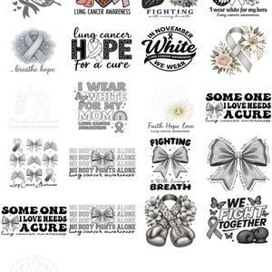 Op de afbeelding: Een verzameling zwart-wit en gekleurde afbeeldingen met thema's over longkankerbewustzijn. Ontwerpen omvatten linten, vlinders, bokshandschoenen en tekst zoals "Fight Love Cure" en "We Fight Together."