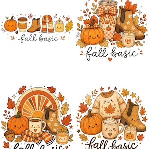 May include: Four digital illustrations featuring autumn-themed motifs including smiling pumpkins, coffee cups, boots, candles, sweaters, and scarves, all accented with orange and brown fall leaves and the handwritten text fall basic in black script.