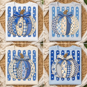 Può includere: Una collezione di quattro magliette con la grafica di una zucca decorata con nastri blu, motivi floreali, pois e quadri. Il design della zucca include icone di dispositivi medici come glucometri e penne per insulina.