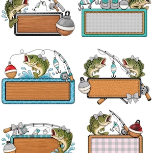May include: A collection of six rectangular frames featuring fishing-themed illustrations. Each frame includes elements like green bass fish with bows, fishing rods, reels, lures, bobbers, and vests, set against wood, grid, or gingham backgrounds.