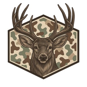 Könnte beinhalten: Detaillierte Illustration eines Hirschkopfes mit großem Geweih, eingebettet in einen sechseckigen Rahmen. Der Hintergrund zeigt ein Tarnmuster in Braun- und Grüntönen. Der Hirsch ist in Brauntönen dargestellt, mit Fokus auf seinen Gesichtszügen.
