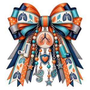 May include: A decorative bow featuring orange, navy blue, and teal ribbons with lung and leaf patterns. Dangling charms include two inhalers, a circular lung emblem, a heart shield, stars, and leaf shapes, all connected by silver chains and beads.
