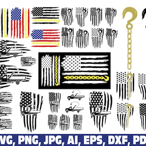 May include: A selection of American flag designs, tow trucks, and tow hooks in black, white, red, and yellow. Features distressed flag graphics, tow truck silhouettes, and chain and hook illustrations. The image also contains the text "SVG, PNG, JPG, AI, EPS, DXF, PDF".
