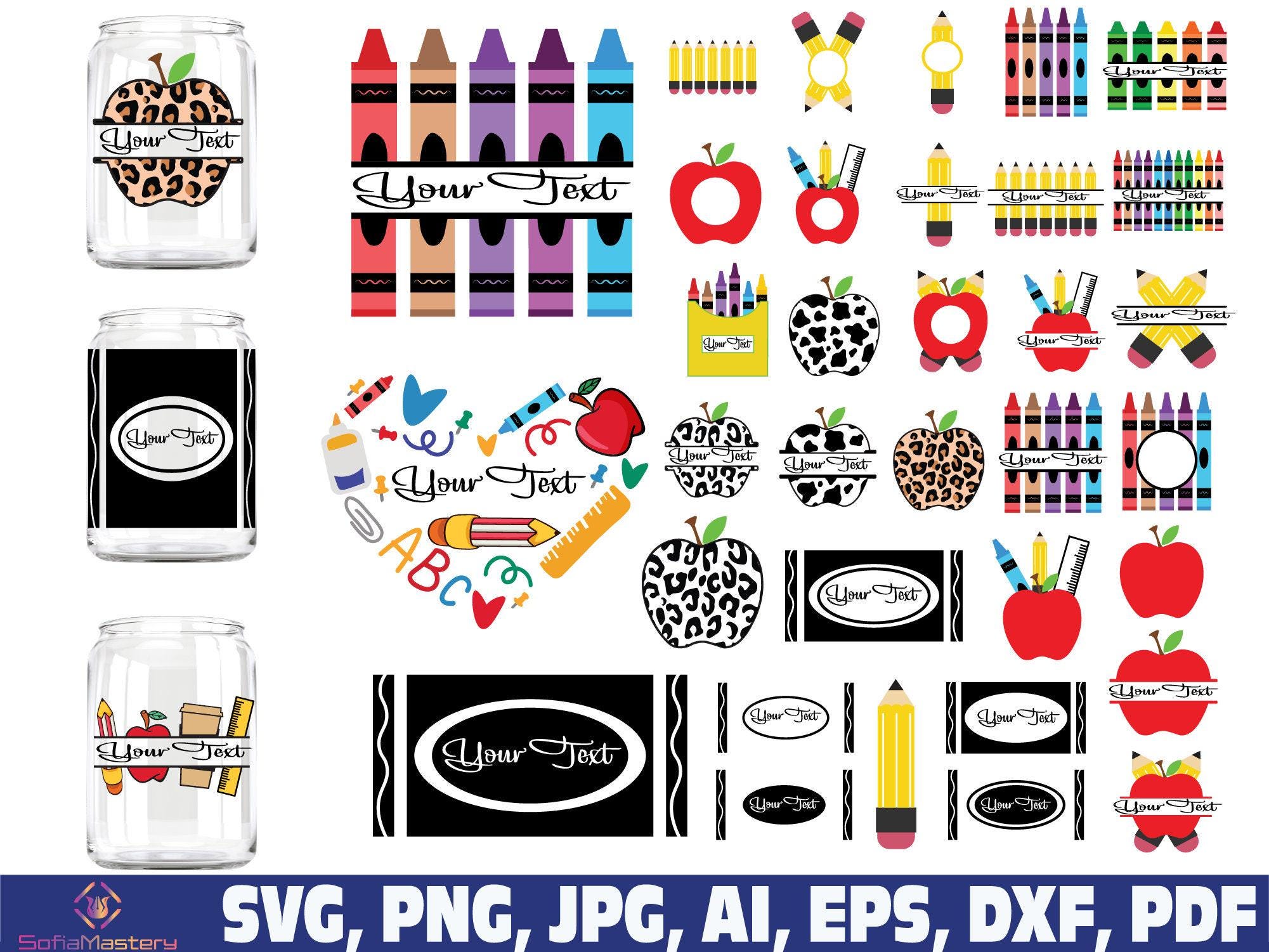 Teacher School Split Monogram PNG SVG, Crayon Apple Teacher Name Design ...