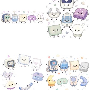 Peut inclure: Une collection d'illustrations de dessins animés représentant des objets liés au sommeil anthropomorphes, notamment des machines CPAP, des humidificateurs, des oreillers, des couvertures, des masques, des tubes et des croissants de lune.