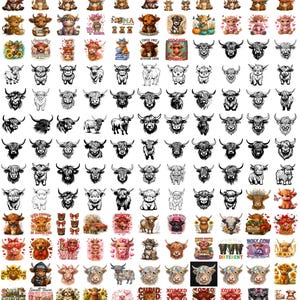 May include: A collection of digital illustrations featuring highland cows in various styles, including colorful cartoon designs, black and white line art, and festive themes with text like 100 Days of School, Coffee Addict, and Valentine.