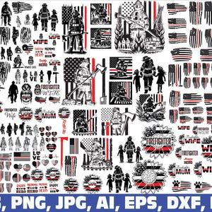 Puede incluir: Una colección de archivos digitales con temática de bomberos en formatos SVG, PNG, JPG, AI, EPS, DXF y PDF. Los diseños incluyen siluetas de bomberos, banderas americanas y texto.