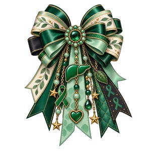 May include: A decorative bow featuring layered dark green and cream ribbons with leaf patterns. It is adorned with a central emerald-colored jewel, gold chains, pearl beads, gold stars, a green liver charm, a heart charm, and green awareness ribbons.