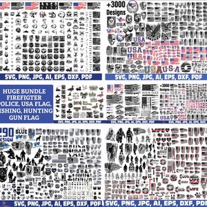 May include: A collection of digital designs featuring American flags, eagles, and patriotic symbols. Includes designs for firefighters, police, hunting, and fishing. Formats include SVG, PNG, JPG, AI, EPS, DXF, and PDF.