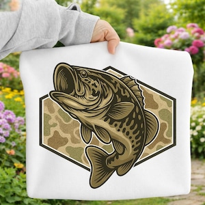 Camo Bass Fishing Label PNG, Angler Patch Design (Digital Download)