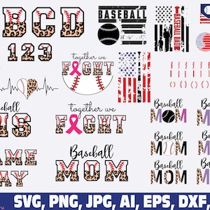 May include: A collection of baseball-themed digital designs. Includes letters, numbers, baseballs, hearts, and text such as "Baseball Mom" and "Game Day." Designs feature leopard print and patriotic elements.