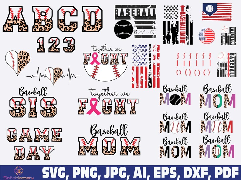 May include: A collection of baseball-themed digital designs. Includes letters, numbers, baseballs, hearts, and text such as "Baseball Mom" and "Game Day." Designs feature leopard print and patriotic elements.