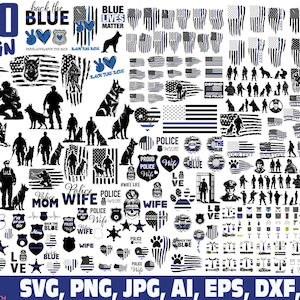 Peut inclure: Une collection de 290 motifs sur le thème de la police. Comprend des silhouettes de policiers, de bergers allemands, des drapeaux américains avec des rayures bleues et du texte tel que "Back the Blue" et "Police Wife". Formats : SVG, PNG, JPG, AI, EPS, DXF, PDF.
