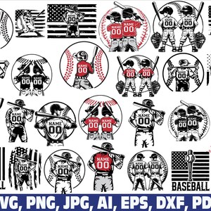 May include: A collection of baseball-themed graphics in black, white, and red. The designs include baseball players, baseballs, and the American flag. Each graphic features the word "NAME" and the number "00". The word "BASEBALL" is also present.