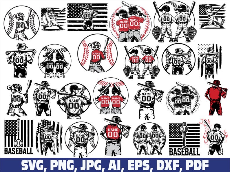 May include: A collection of baseball-themed graphics in black, white, and red. The designs include baseball players, baseballs, and the American flag. Each graphic features the word "NAME" and the number "00". The word "BASEBALL" is also present.