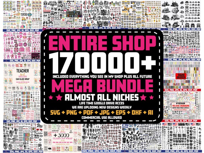 Entire Shop Mega Bundle: 170,000+ Designs, Striped Trendy, Coquette Bow, Sublimation Shirt, Summer, School, Sport, Preppy, (SVG, PNG, PDF)