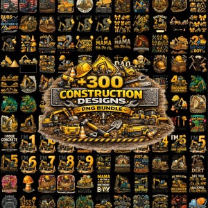 Può includere: Una raccolta di oltre 300 design PNG a tema costruzione. I design presentano vari veicoli da costruzione, strumenti e frasi come "Birthday Boy", "Digging It" e "Excavators". La tavolozza dei colori comprende giallo, nero e marrone.