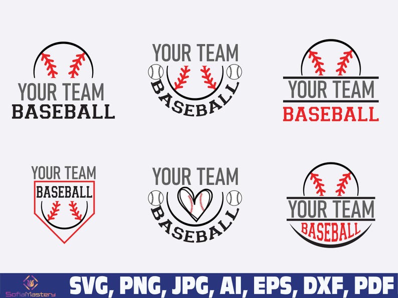 May include: A collection of baseball-themed designs featuring the text "YOUR TEAM BASEBALL". The designs include baseballs, text, and a heart-shaped baseball. The color scheme includes black, red, and white elements. Formats include SVG, PNG, JPG, AI, EPS, DXF, and PDF.